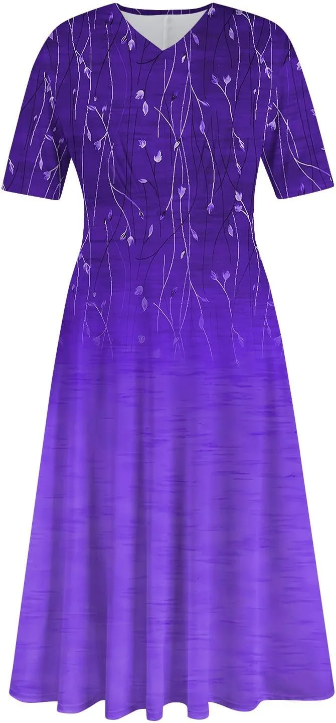 Womens Summer Dresses Sexy V Neck Dresses Short Sleeve Loose Fit Tunic Dress Casual Plus Size Flowy Dresses 2024