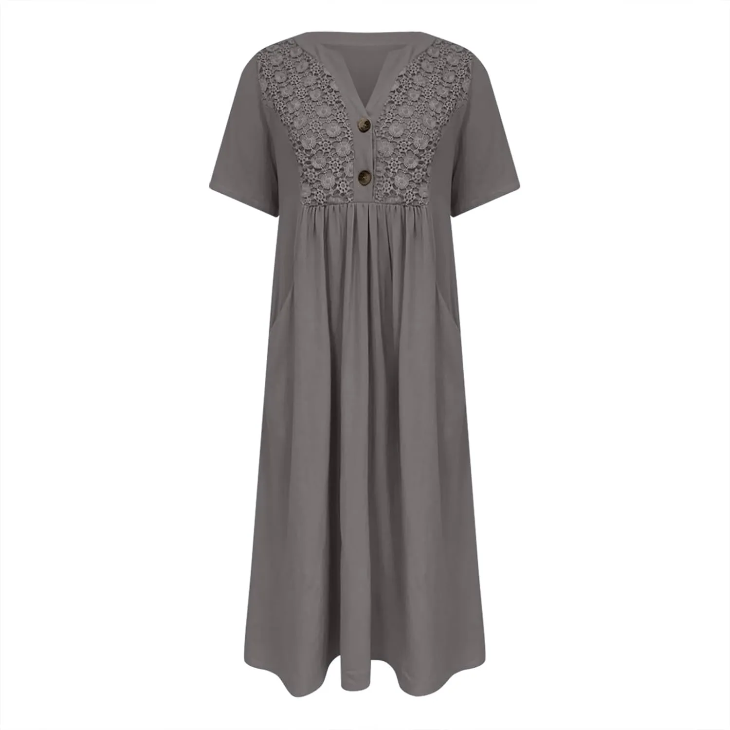 Women's Summer Petite Dress Casual Eyelet Hollow Out Short Sleeve Button V Neck A-line Dress Maxi Dress with Pockets
