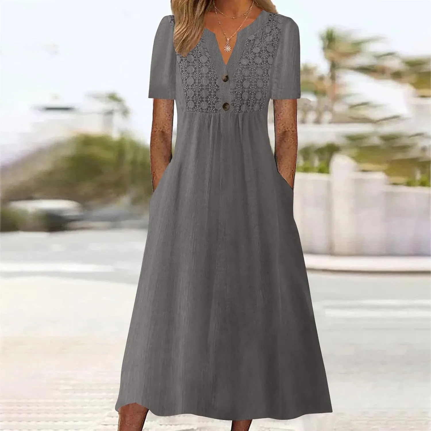 Women's Summer Petite Dress Casual Eyelet Hollow Out Short Sleeve Button V Neck A-line Dress Maxi Dress with Pockets