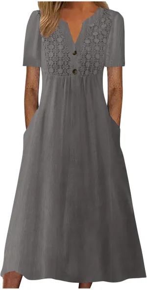 Women's Summer Petite Dress Casual Eyelet Hollow Out Short Sleeve Button V Neck A-line Dress Maxi Dress with Pockets