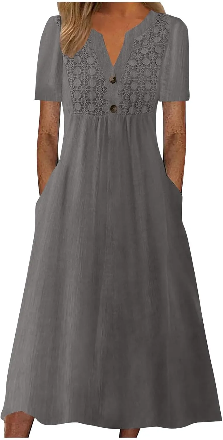 Women's Summer Petite Dress Casual Eyelet Hollow Out Short Sleeve Button V Neck A-line Dress Maxi Dress with Pockets