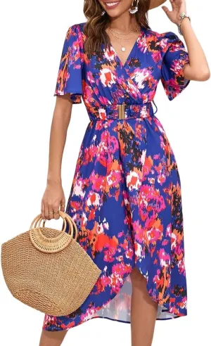 Women's Summer Short Sleeve Wrap V Neck Dresses Casual Split Print Midi Beach Dress Fashion Flowy Maxi Dress with Belt for Party M Blue