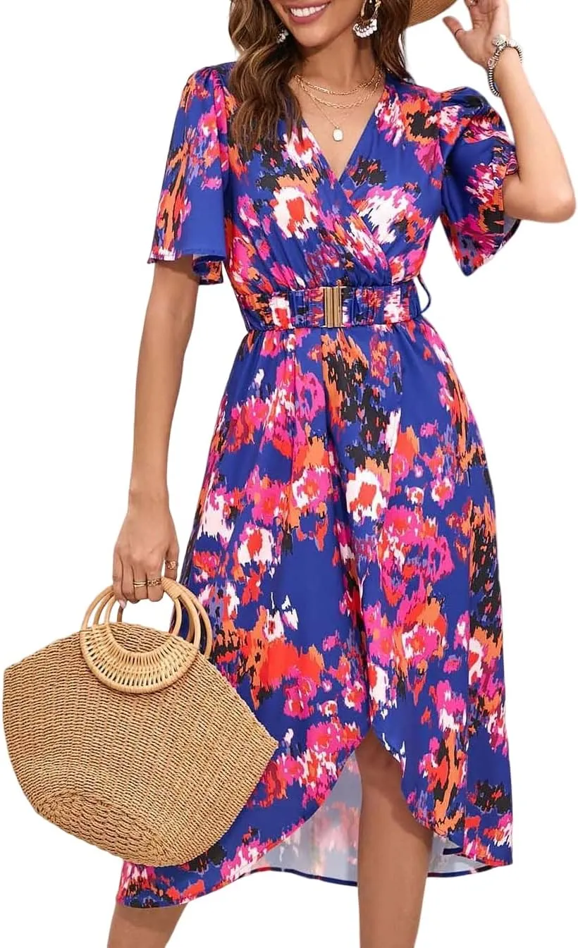 Women's Summer Short Sleeve Wrap V Neck Dresses Casual Split Print Midi Beach Dress Fashion Flowy Maxi Dress with Belt for Party M Blue