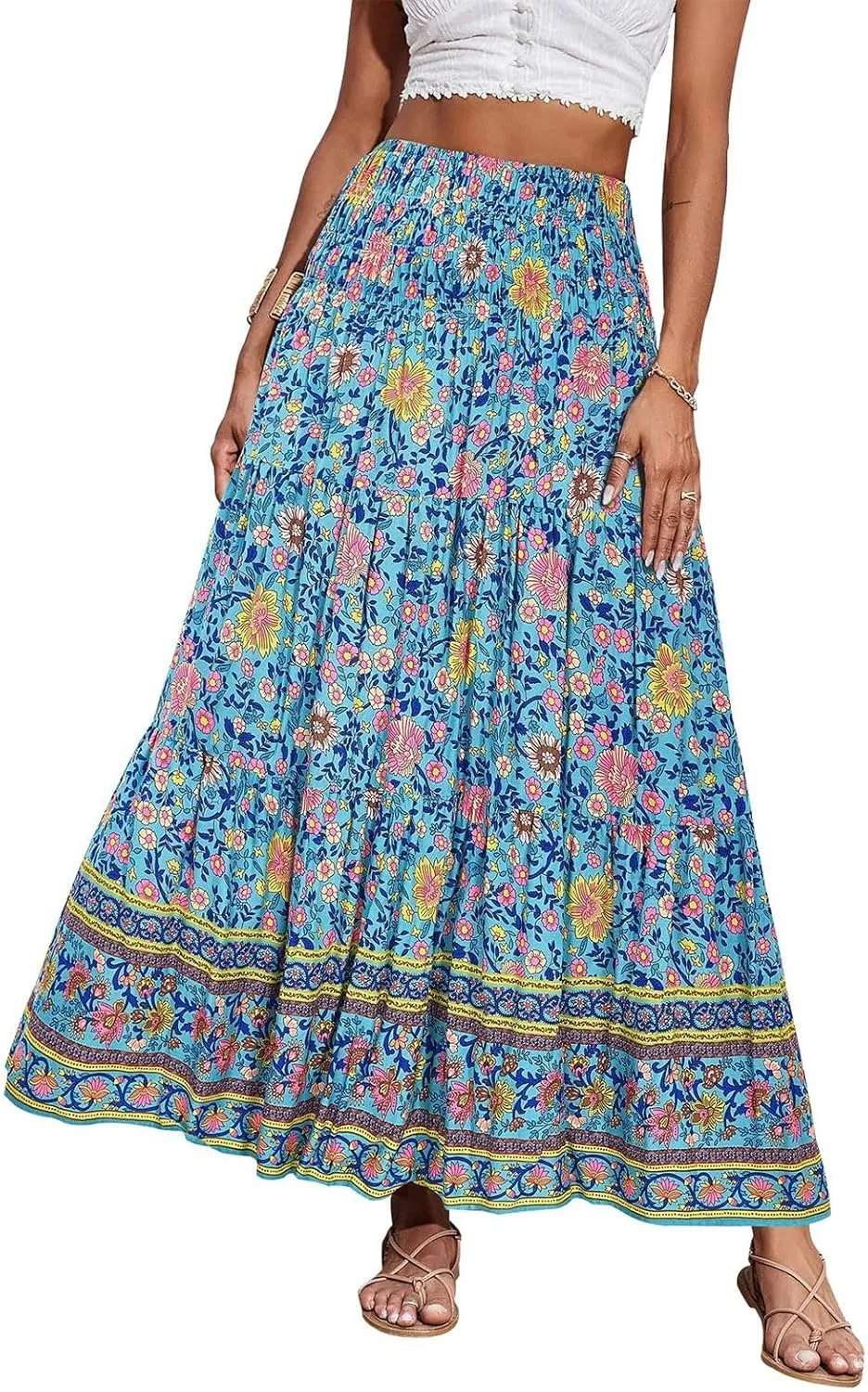 Women's Summer Skirts Boho Maxi Skirt Plus Size Drawstring Elastic Pleated Tiered Aline Skirt Boho Long Tight Skirt