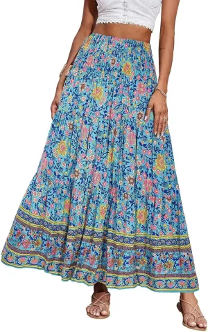 Women's Summer Skirts Boho Maxi Skirt Plus Size Drawstring Elastic Pleated Tiered Aline Skirt Boho Long Tight Skirt