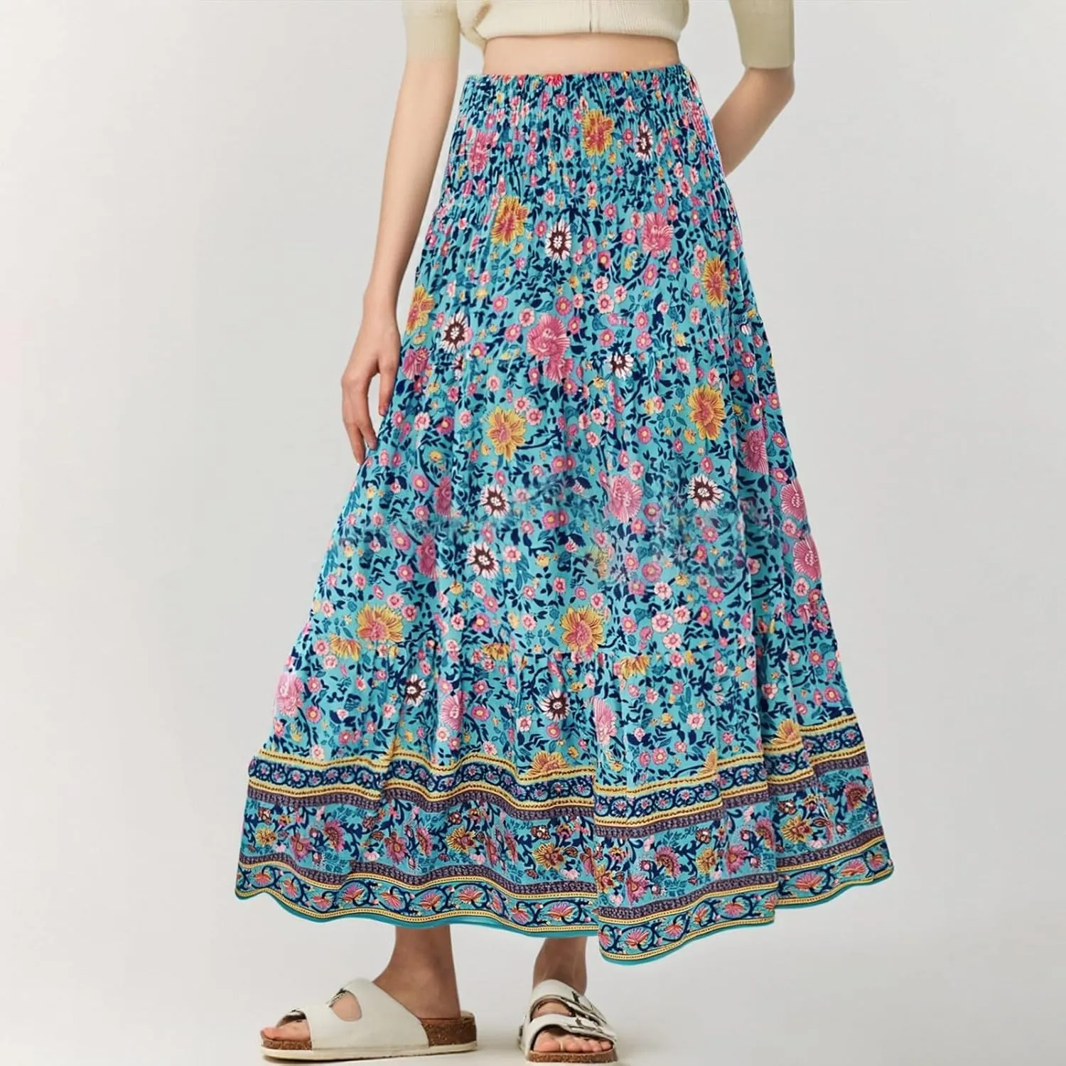 Women's Summer Skirts Boho Maxi Skirt Plus Size Drawstring Elastic Pleated Tiered Aline Skirt Boho Long Tight Skirt