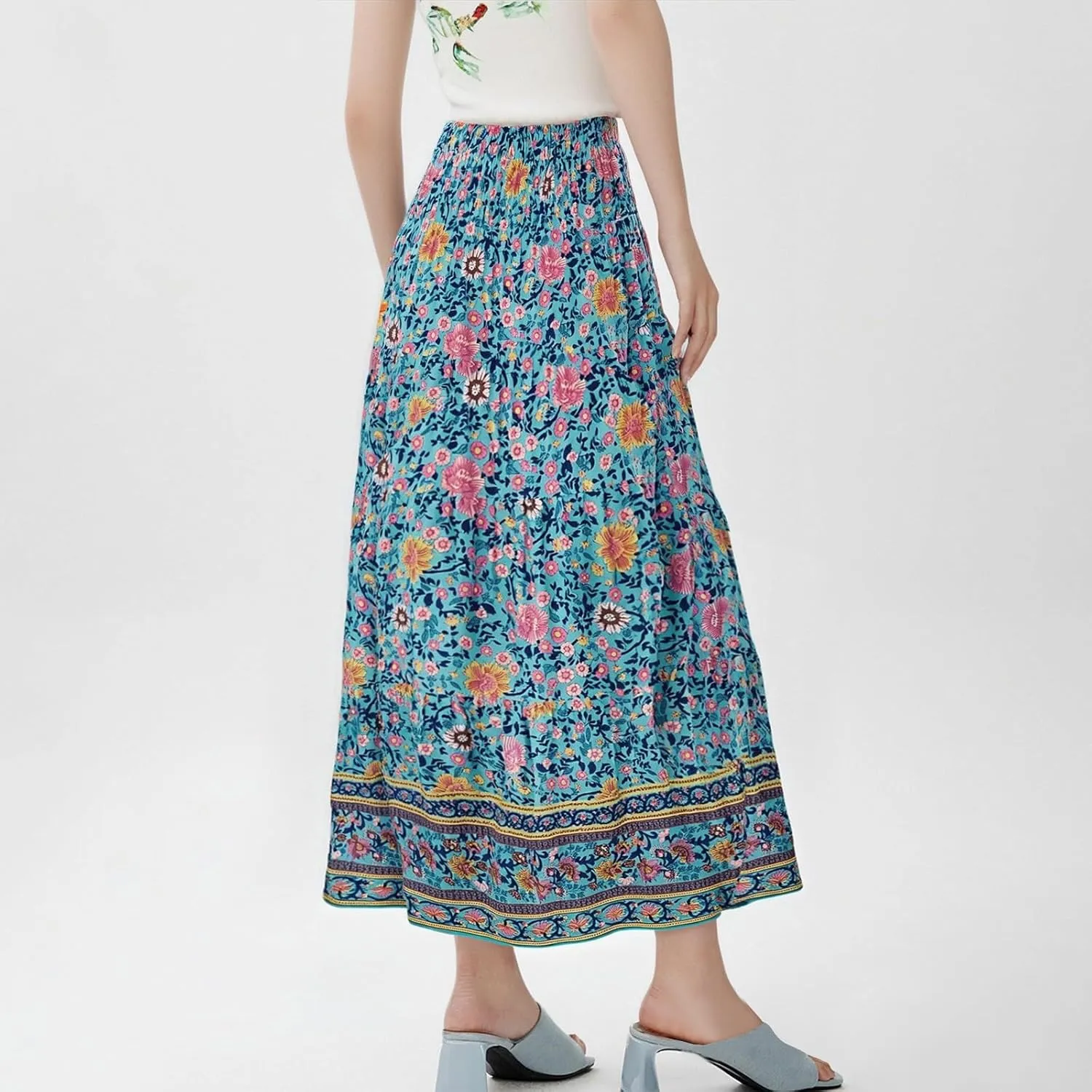 Women's Summer Skirts Boho Maxi Skirt Plus Size Drawstring Elastic Pleated Tiered Aline Skirt Boho Long Tight Skirt