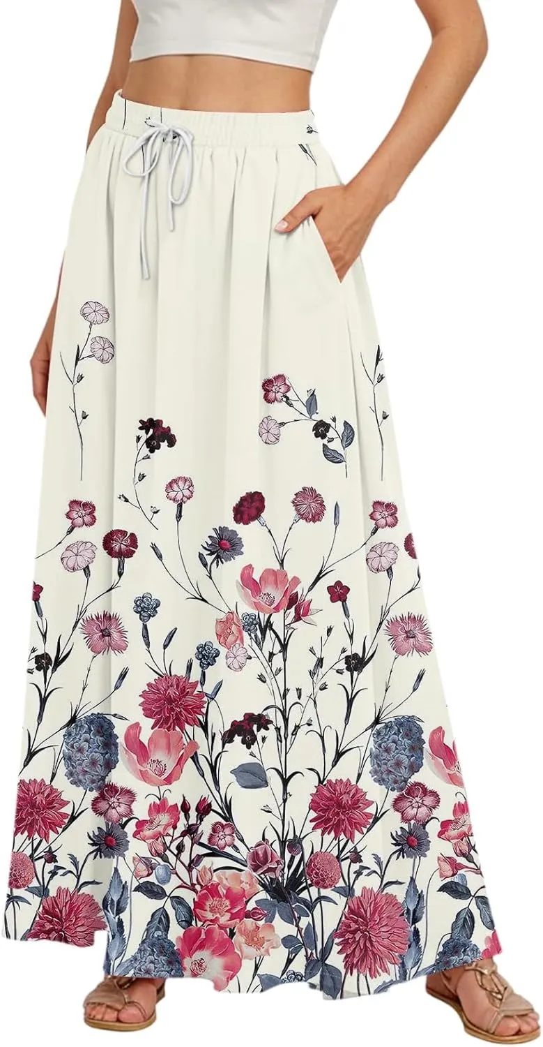 Women's Summer Skirts Maxi Skirts Drawstring Elastic High Waisted Pleated Aline Skirt Boho Long Skirt with Pockets