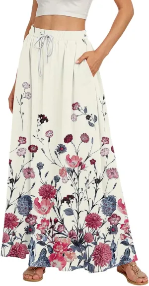 Women's Summer Skirts Maxi Skirts Drawstring Elastic High Waisted Pleated Aline Skirt Boho Long Skirt with Pockets