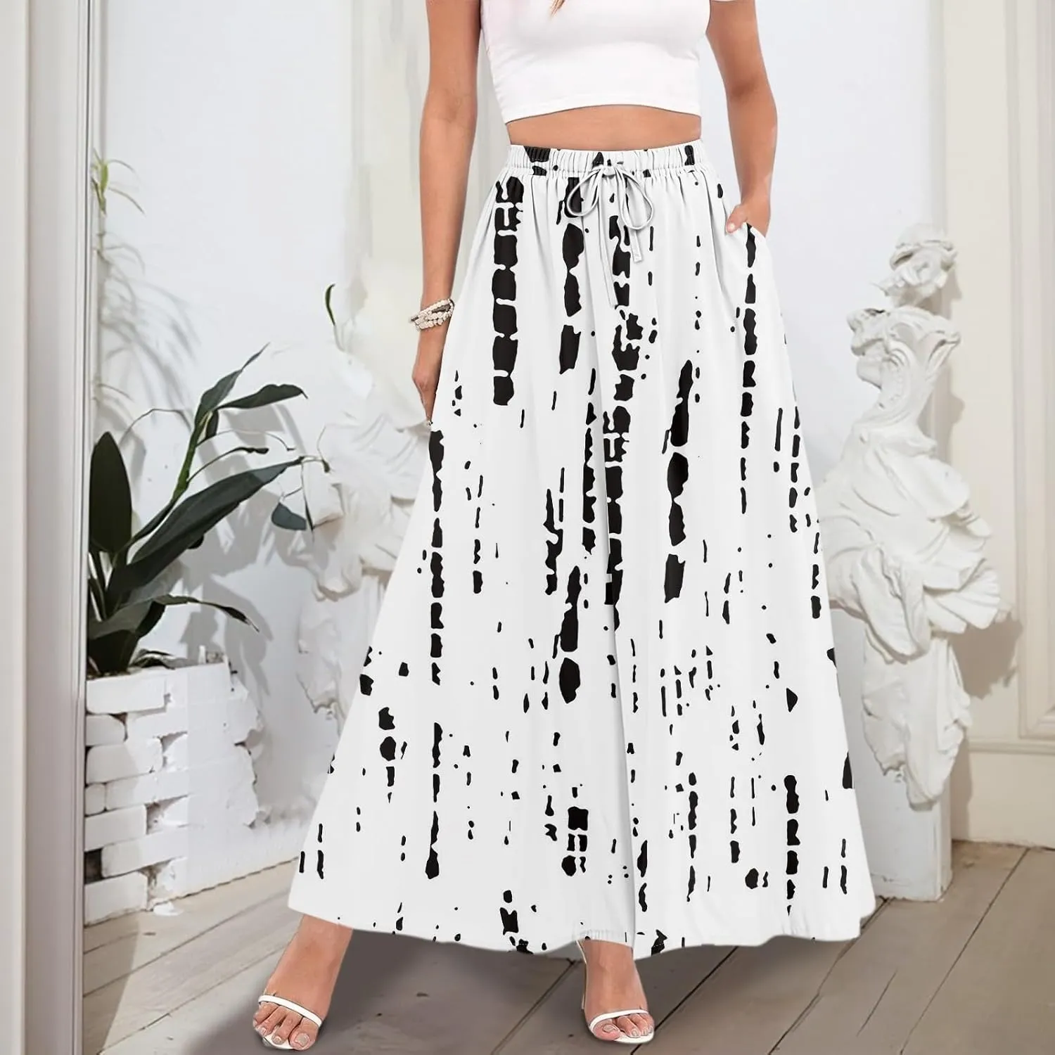 Women's Summer Skirts Maxi Skirts Drawstring Elastic High Waisted Pleated Aline Skirt Boho Long Skirt with Pockets