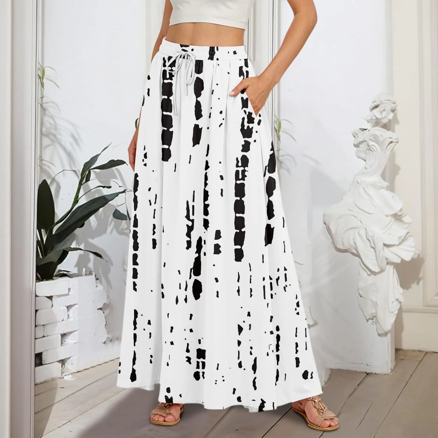 Women's Summer Skirts Maxi Skirts Drawstring Elastic High Waisted Pleated Aline Skirt Boho Long Skirt with Pockets