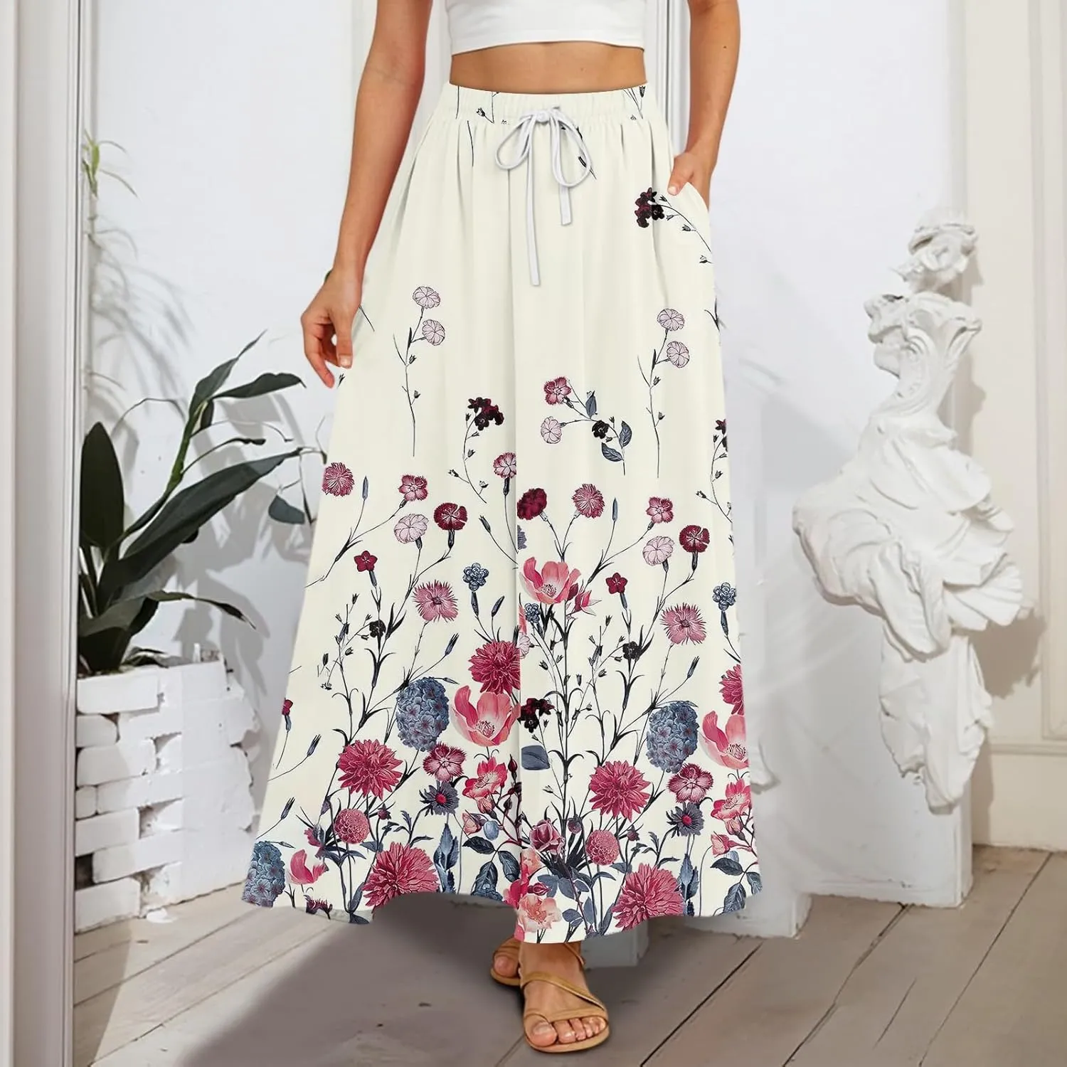 Women's Summer Skirts Maxi Skirts Drawstring Elastic High Waisted Pleated Aline Skirt Boho Long Skirt with Pockets