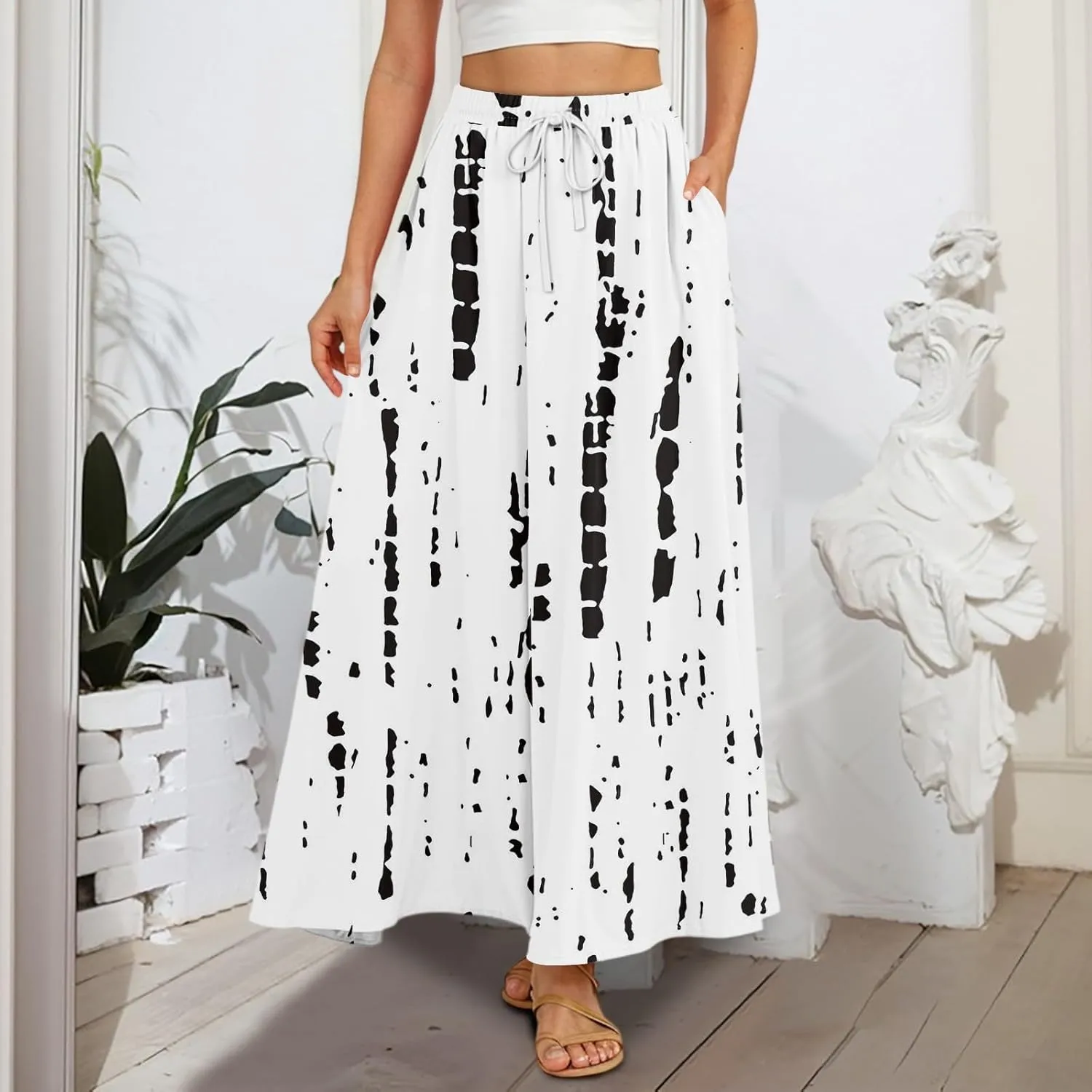 Women's Summer Skirts Maxi Skirts Drawstring Elastic High Waisted Pleated Aline Skirt Boho Long Skirt with Pockets