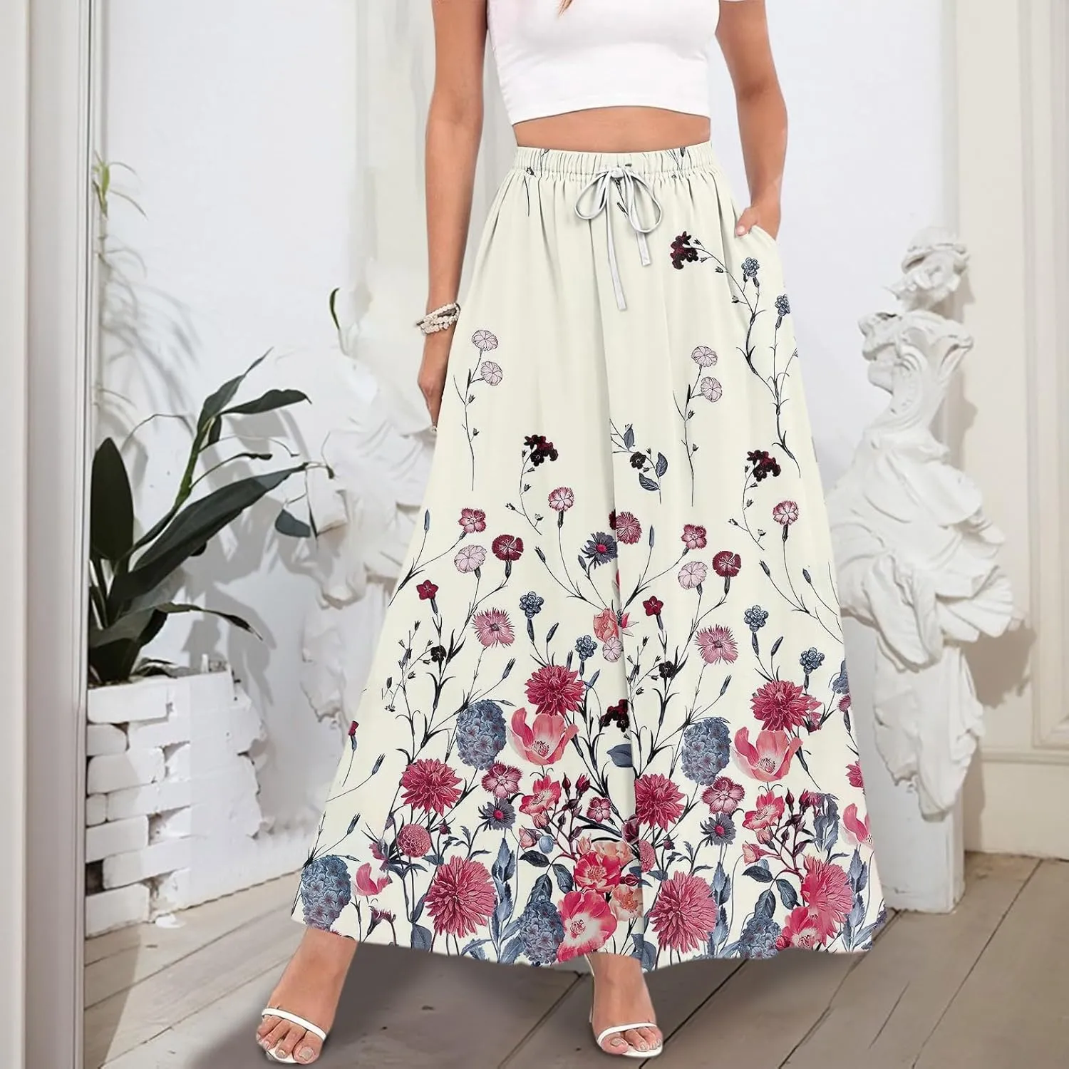 Women's Summer Skirts Maxi Skirts Drawstring Elastic High Waisted Pleated Aline Skirt Boho Long Skirt with Pockets