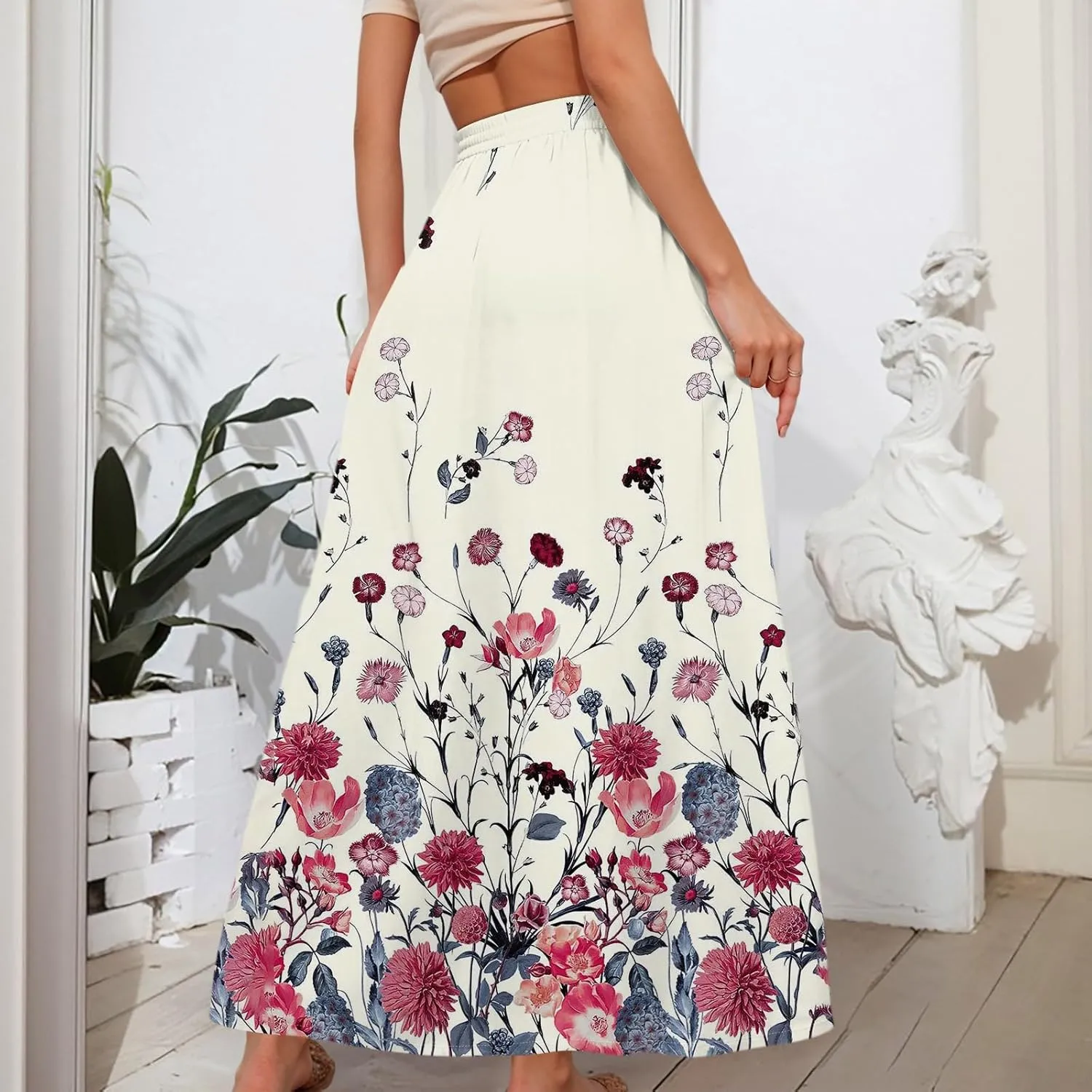 Women's Summer Skirts Maxi Skirts Drawstring Elastic High Waisted Pleated Aline Skirt Boho Long Skirt with Pockets