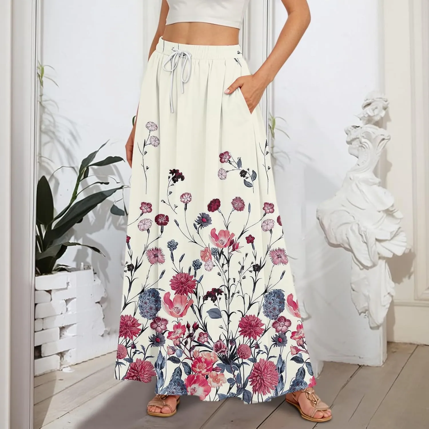 Women's Summer Skirts Maxi Skirts Drawstring Elastic High Waisted Pleated Aline Skirt Boho Long Skirt with Pockets