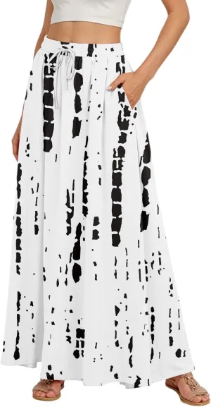 Women's Summer Skirts Maxi Skirts Drawstring Elastic High Waisted Pleated Aline Skirt Boho Long Skirt with Pockets