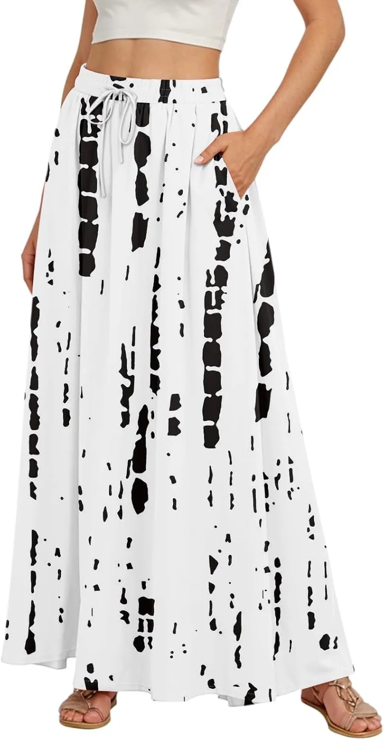 Women's Summer Skirts Maxi Skirts Drawstring Elastic High Waisted Pleated Aline Skirt Boho Long Skirt with Pockets