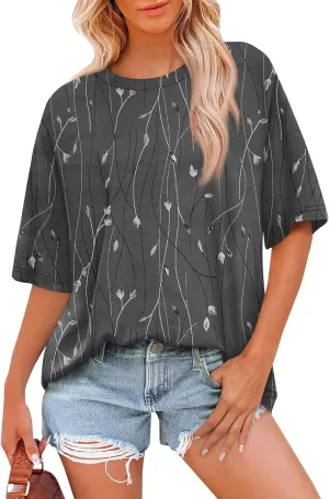 Womens Summer Tops 2025 Casual O Neck Trendy Outfits Blouses Printed Shirt Loose Fit Tees Short Sleeve Tunic Tops