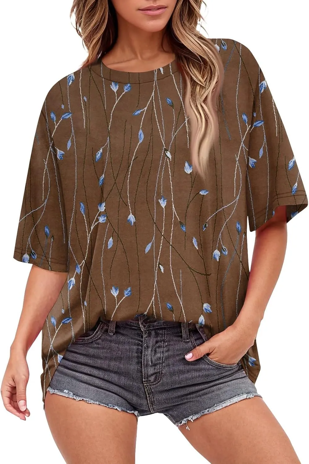 Womens Summer Tops 2025 Casual O Neck Trendy Outfits Blouses Printed Shirt Loose Fit Tees Short Sleeve Tunic Tops
