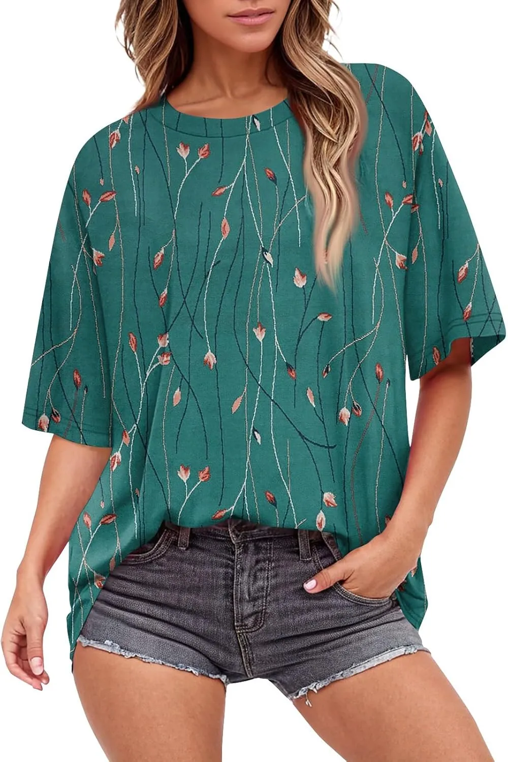 Womens Summer Tops 2025 Casual O Neck Trendy Outfits Blouses Printed Shirt Loose Fit Tees Short Sleeve Tunic Tops