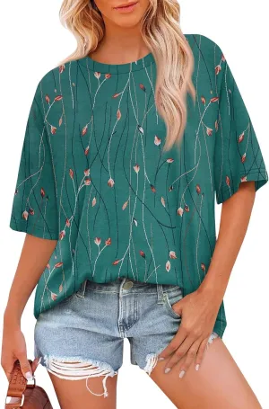 Womens Summer Tops 2025 Casual O Neck Trendy Outfits Blouses Printed Shirt Loose Fit Tees Short Sleeve Tunic Tops