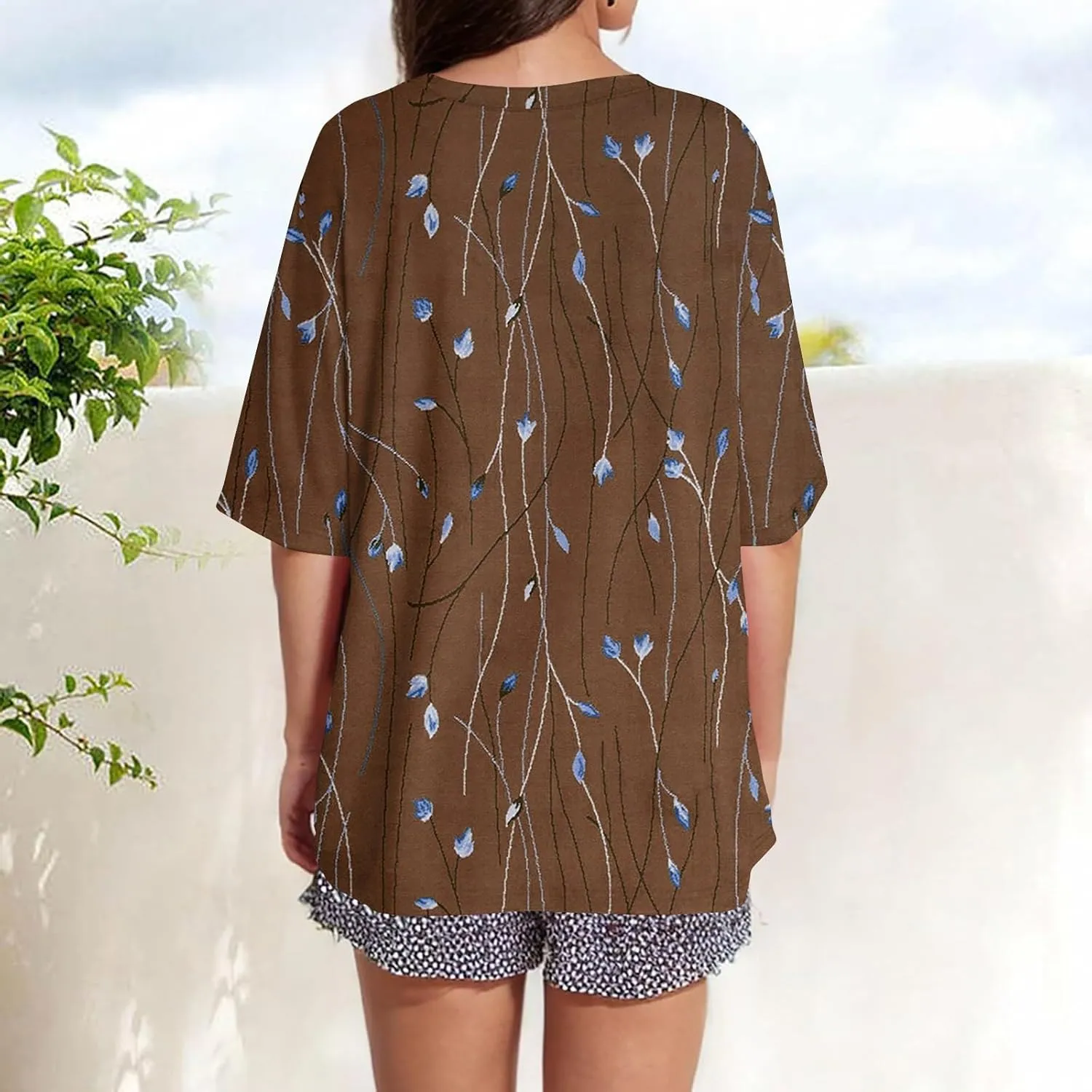 Womens Summer Tops 2025 Casual O Neck Trendy Outfits Blouses Printed Shirt Loose Fit Tees Short Sleeve Tunic Tops