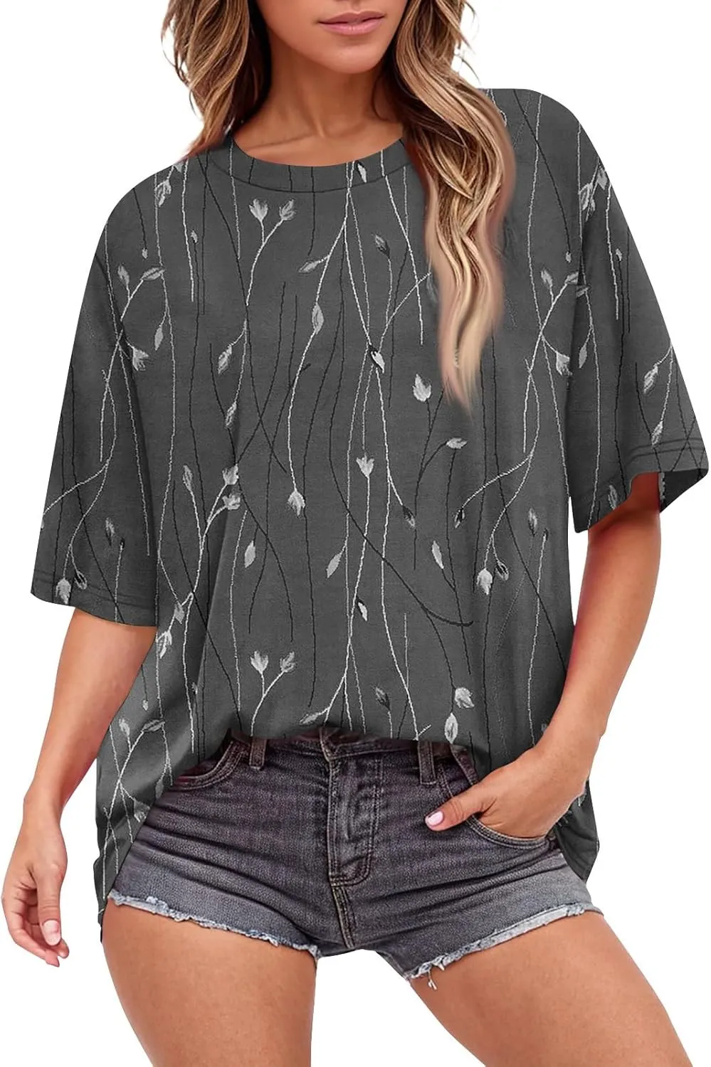 Womens Summer Tops 2025 Casual O Neck Trendy Outfits Blouses Printed Shirt Loose Fit Tees Short Sleeve Tunic Tops