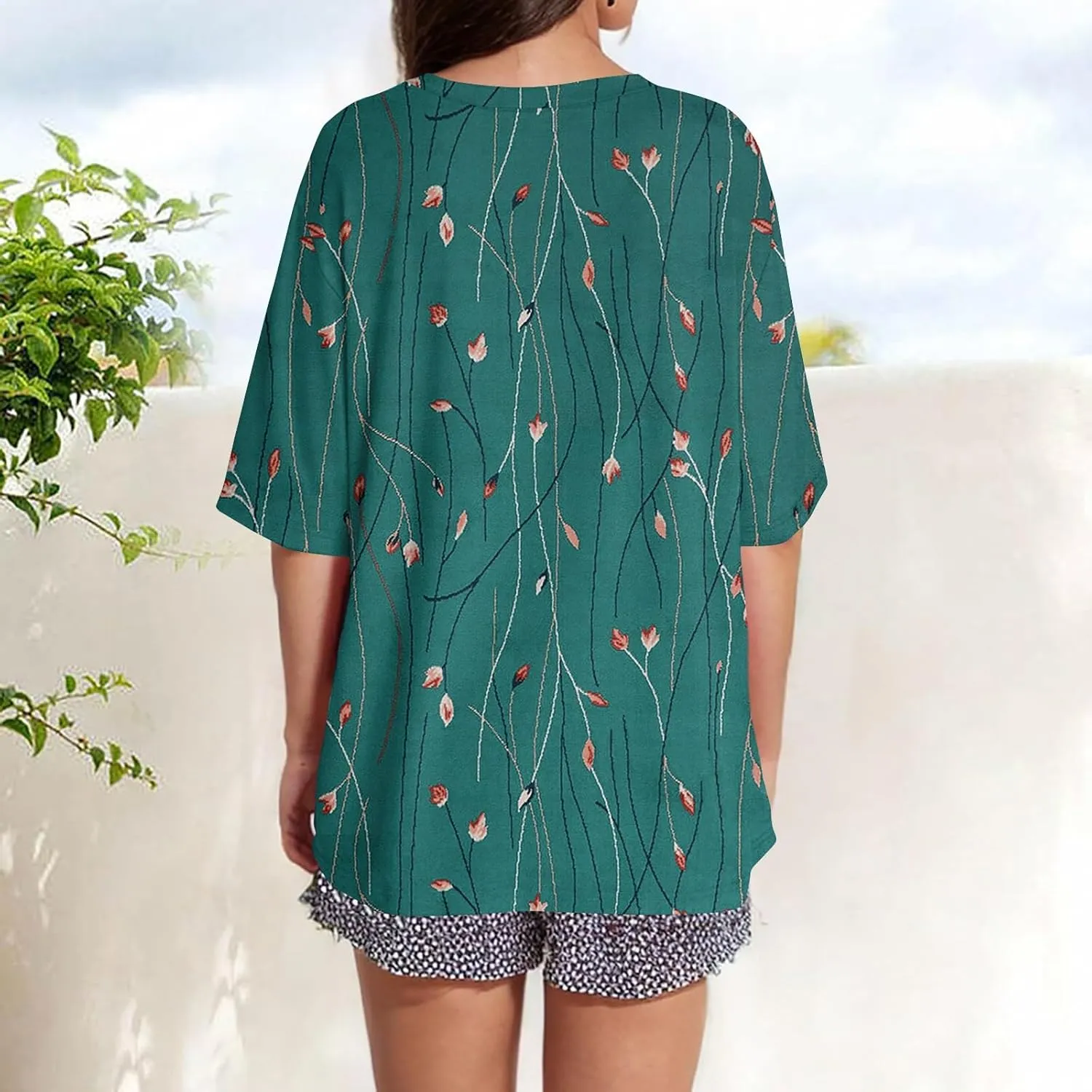 Womens Summer Tops 2025 Casual O Neck Trendy Outfits Blouses Printed Shirt Loose Fit Tees Short Sleeve Tunic Tops