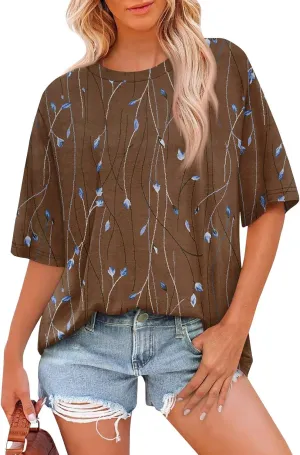 Womens Summer Tops 2025 Casual O Neck Trendy Outfits Blouses Printed Shirt Loose Fit Tees Short Sleeve Tunic Tops