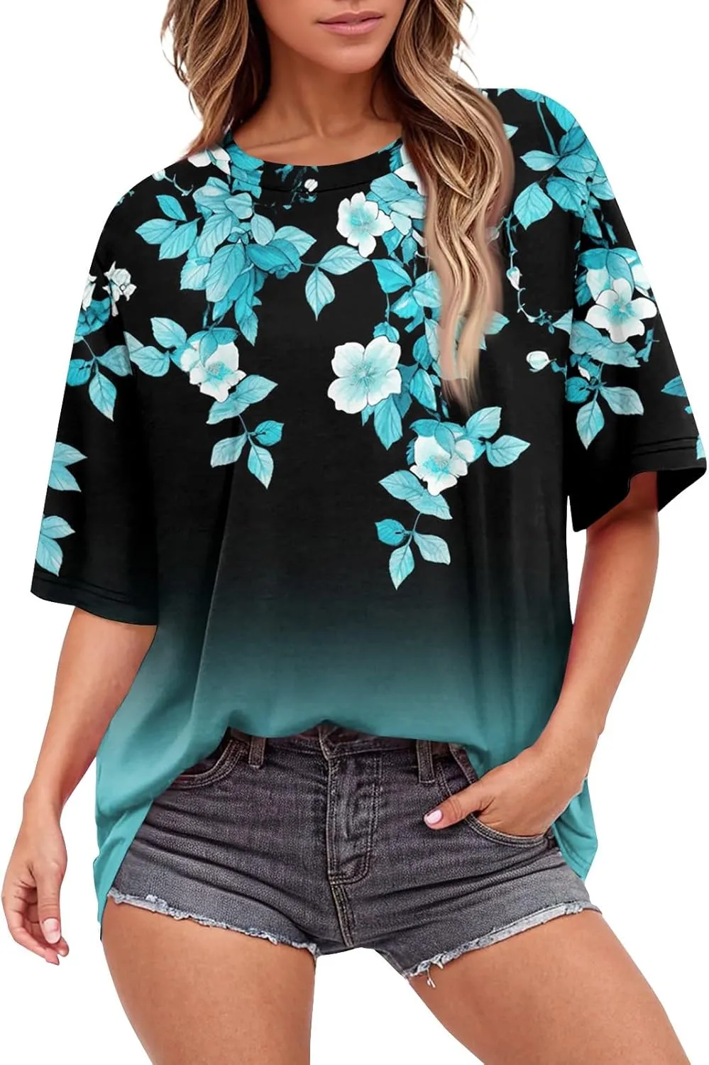 Womens Summer Tops 2025 Casual O Neck Trendy Outfits Blouses Printed Shirt Loose Fit Tees Short Sleeve Tunic Tops