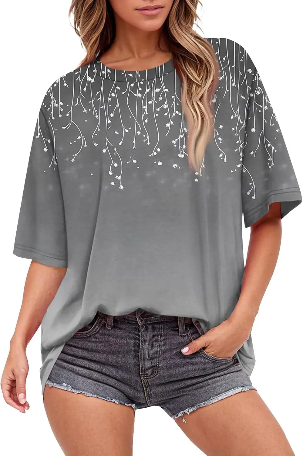 Womens Summer Tops 2025 Casual O Neck Trendy Outfits Blouses Printed Shirt Loose Fit Tees Short Sleeve Tunic Tops