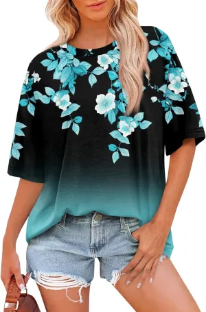 Womens Summer Tops 2025 Casual O Neck Trendy Outfits Blouses Printed Shirt Loose Fit Tees Short Sleeve Tunic Tops