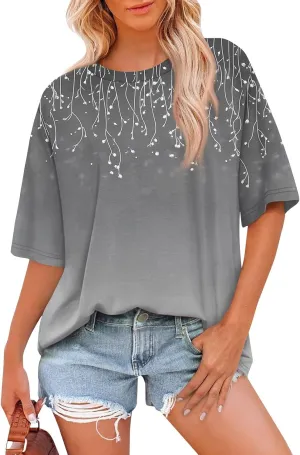 Womens Summer Tops 2025 Casual O Neck Trendy Outfits Blouses Printed Shirt Loose Fit Tees Short Sleeve Tunic Tops