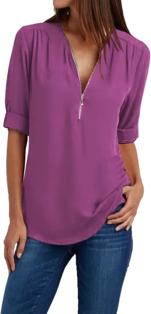 Womens Summer Tops 2025 Plus Size Zip Front 3/4 Sleeve Shirts V Neck Blouses Tunic Top Trendy Dressy Casual Outfits