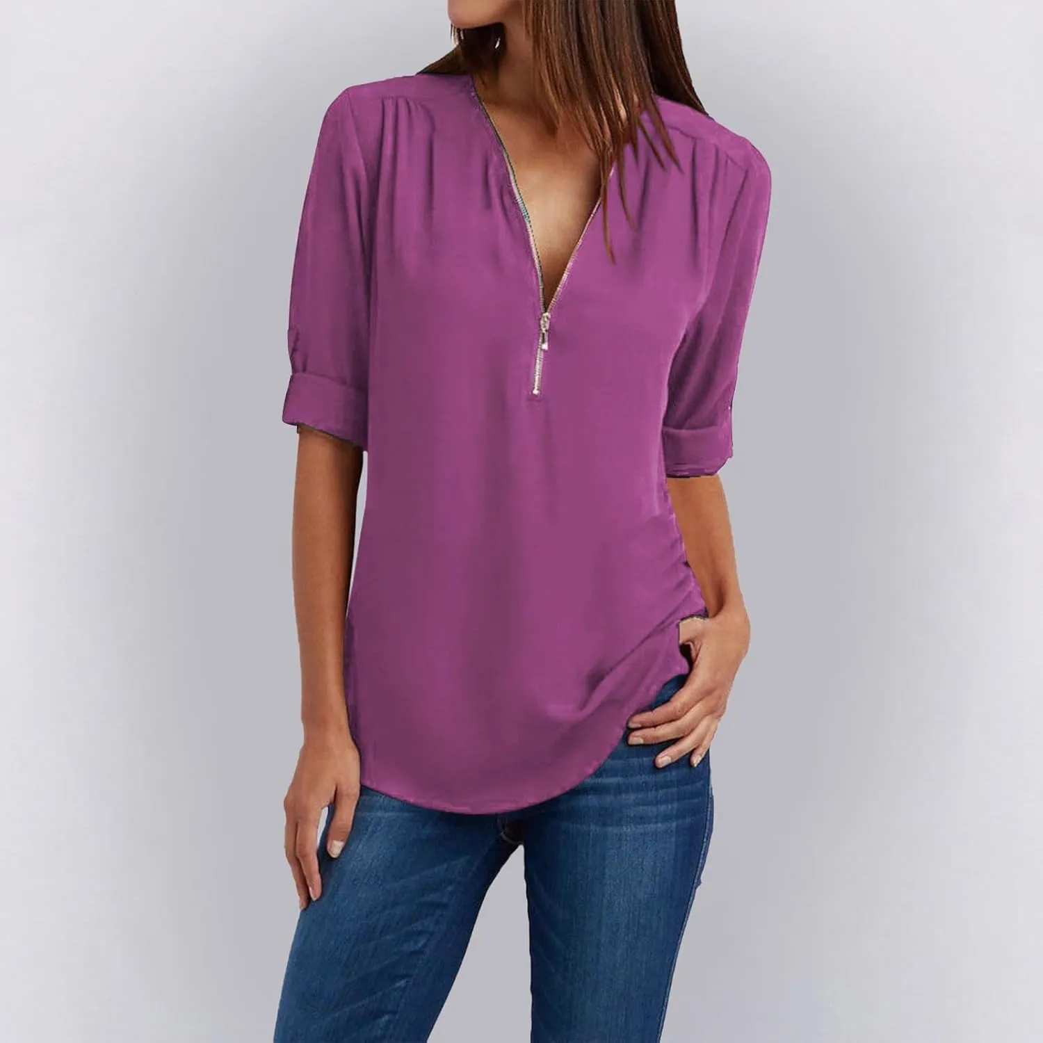 Womens Summer Tops 2025 Plus Size Zip Front 3/4 Sleeve Shirts V Neck Blouses Tunic Top Trendy Dressy Casual Outfits