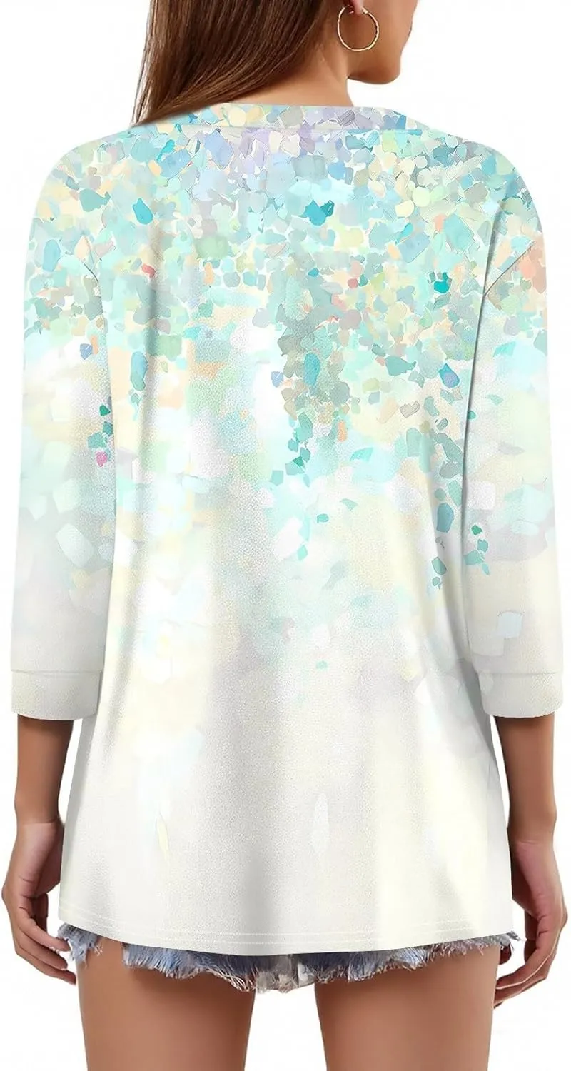 Womens Summer Tops 3/4 Length Sleeve V Neck Button Down Shirts Business Casual Outfit Basic Loose Fit Tees