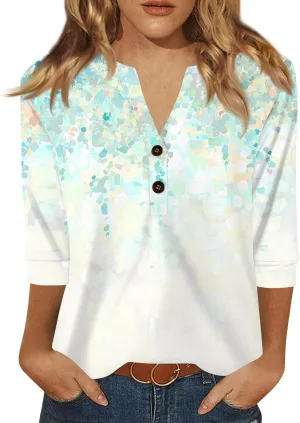 Womens Summer Tops 3/4 Length Sleeve V Neck Button Down Shirts Business Casual Outfit Basic Loose Fit Tees