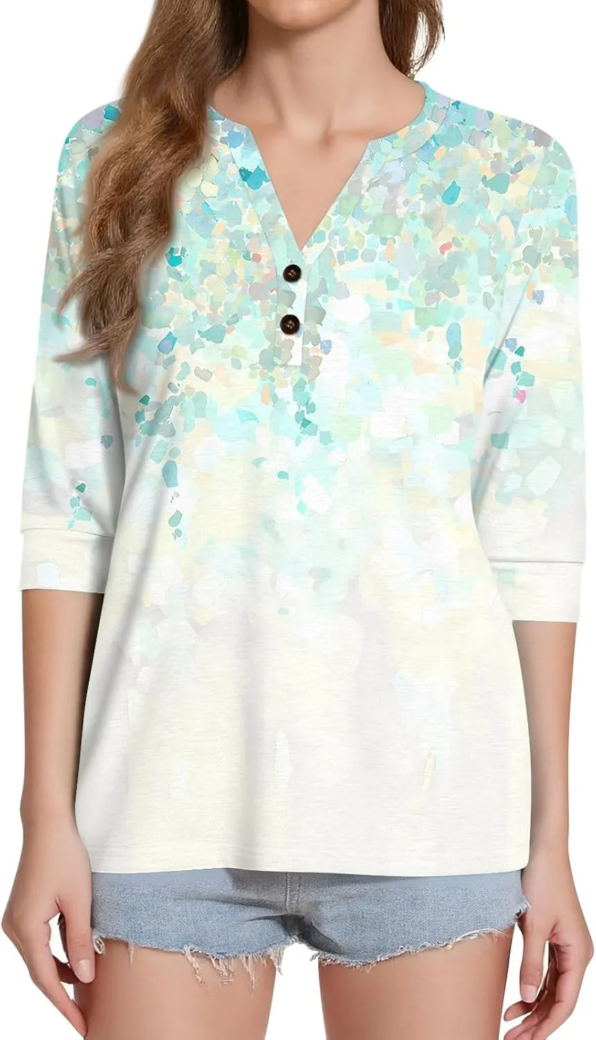 Womens Summer Tops 3/4 Length Sleeve V Neck Button Down Shirts Business Casual Outfit Basic Loose Fit Tees