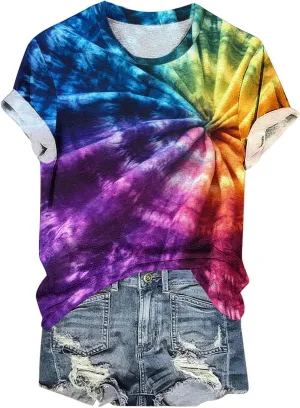 Womens Teens Girls Tie Dye Gradient Tshirts Hippie Shirts Plus Size Tops Short Sleeve Dressy Casual Loose Fit Tees