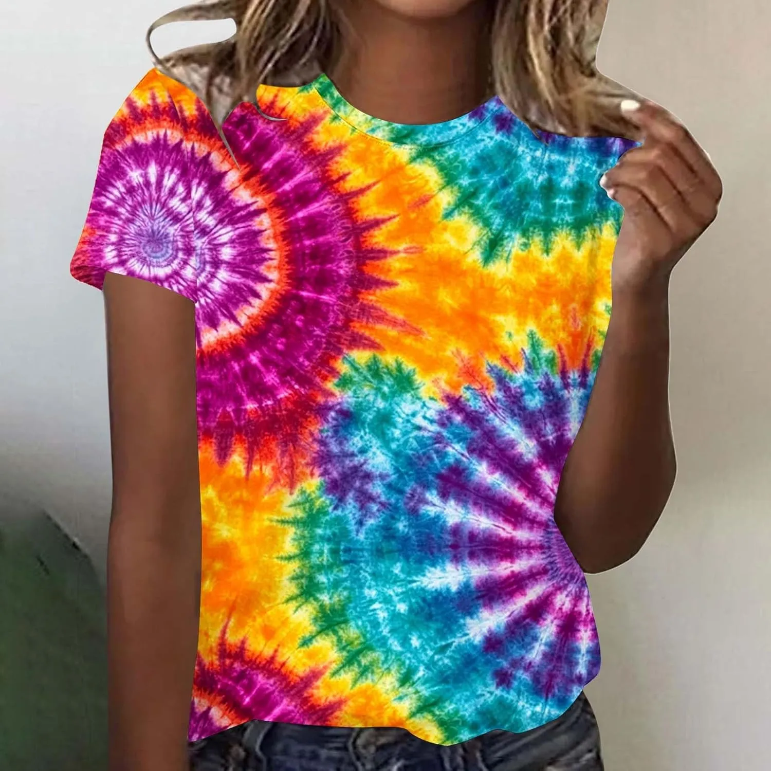 Womens Teens Girls Tie Dye Gradient Tshirts Hippie Shirts Plus Size Tops Short Sleeve Dressy Casual Loose Fit Tees
