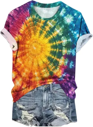 Womens Teens Girls Tie Dye Gradient Tshirts Hippie Shirts Plus Size Tops Short Sleeve Dressy Casual Loose Fit Tees