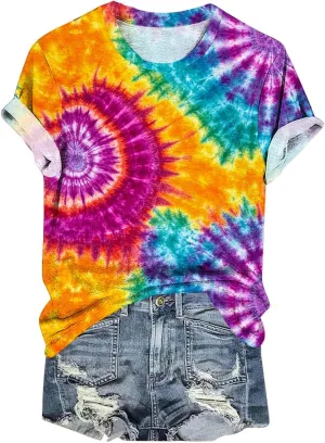 Womens Teens Girls Tie Dye Gradient Tshirts Hippie Shirts Plus Size Tops Short Sleeve Dressy Casual Loose Fit Tees