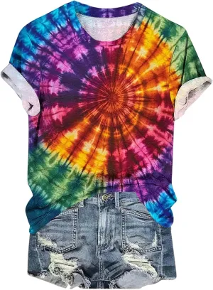 Womens Teens Girls Tie Dye Gradient Tshirts Hippie Shirts Plus Size Tops Short Sleeve Dressy Casual Loose Fit Tees