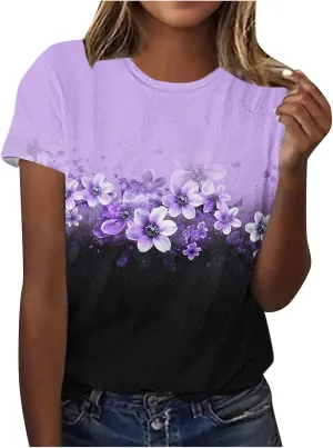 Women's Tops Summer Fashion Casual Short Sleeve Flower Printed Crew Neck Pullover Shirts Cute Tees Dressy Blouses