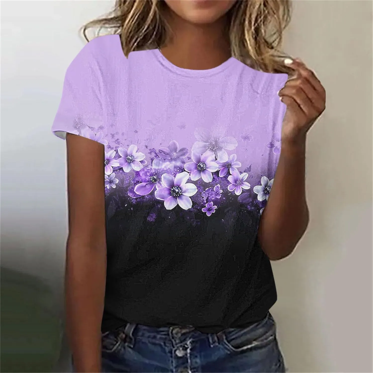 Women's Tops Summer Fashion Casual Short Sleeve Flower Printed Crew Neck Pullover Shirts Cute Tees Dressy Blouses