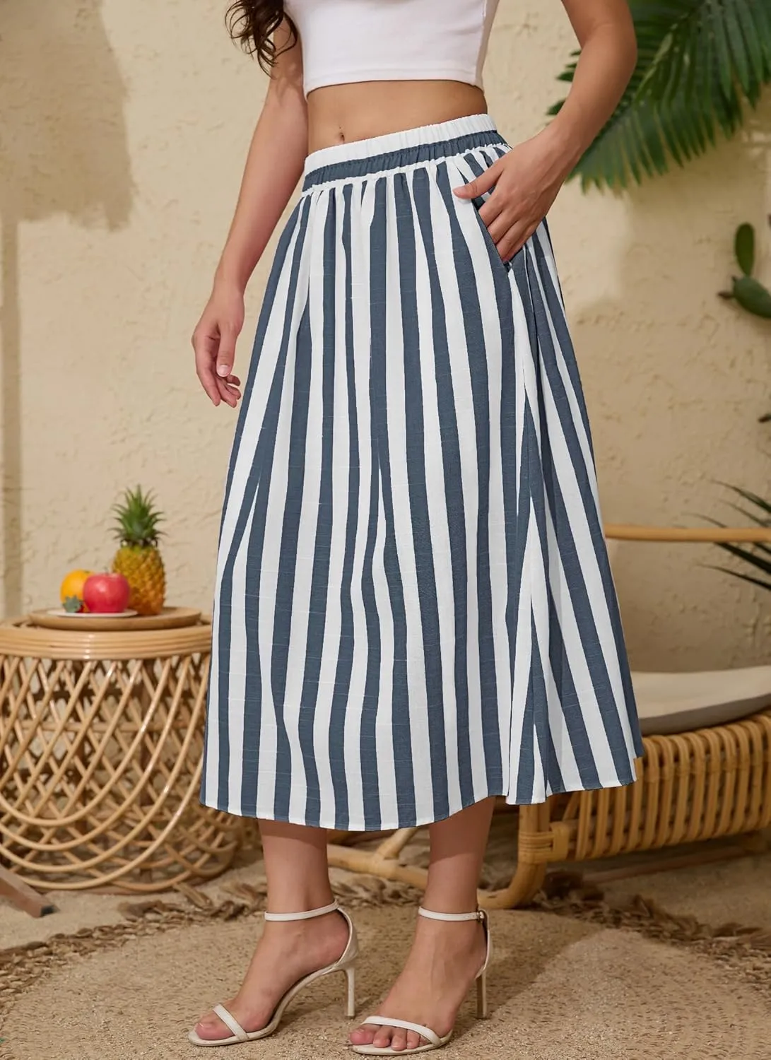 Women's Trendy Summer Casual Pleated Striped Maxi Flared Beach Skirt High Waist A-Line Flowy Midi Skirts Long Dresses