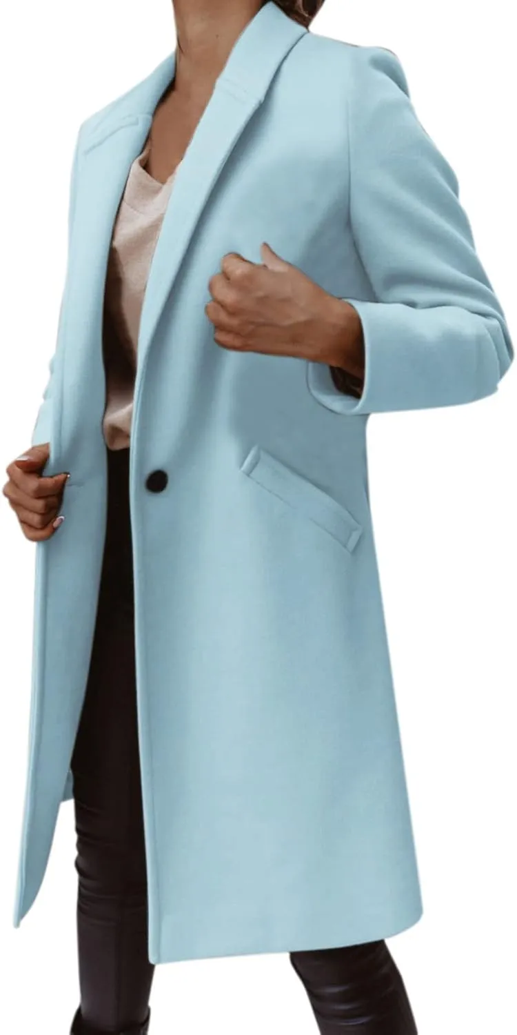 XUETON Womens Elegant Notched Collar Double Breasted Wool Blend Over Coat Classic Windproof Autumn Winter Trenchcoat Blazers(Sky Blue,Large)