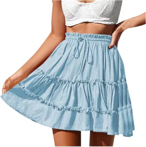 XUNRYAN Skirts for Women Trendy Summer Boho A-Line Pleated Skirt Casual Elastic High Waist Tiered Ruffle Flowy Mini Skirt