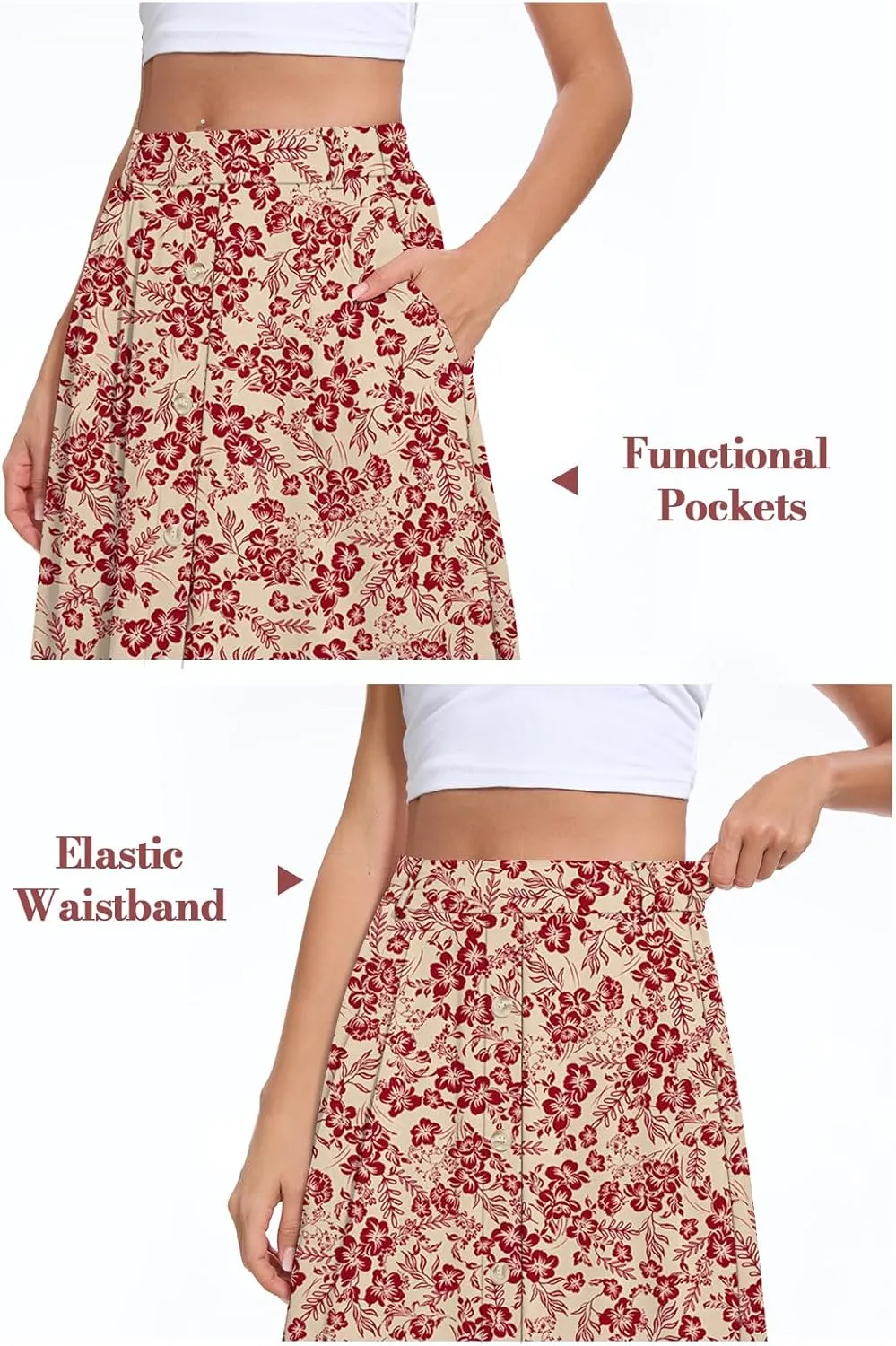 Yincro Women's Flowy Midi Skirt Summer Pleated High Waisted Casual Button Front Skirts with Pockets
